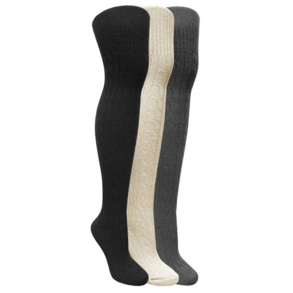 3 Pairs Women's Cable Knit Over the Knee Socks Shoe 4-10 Black Ivory Gray